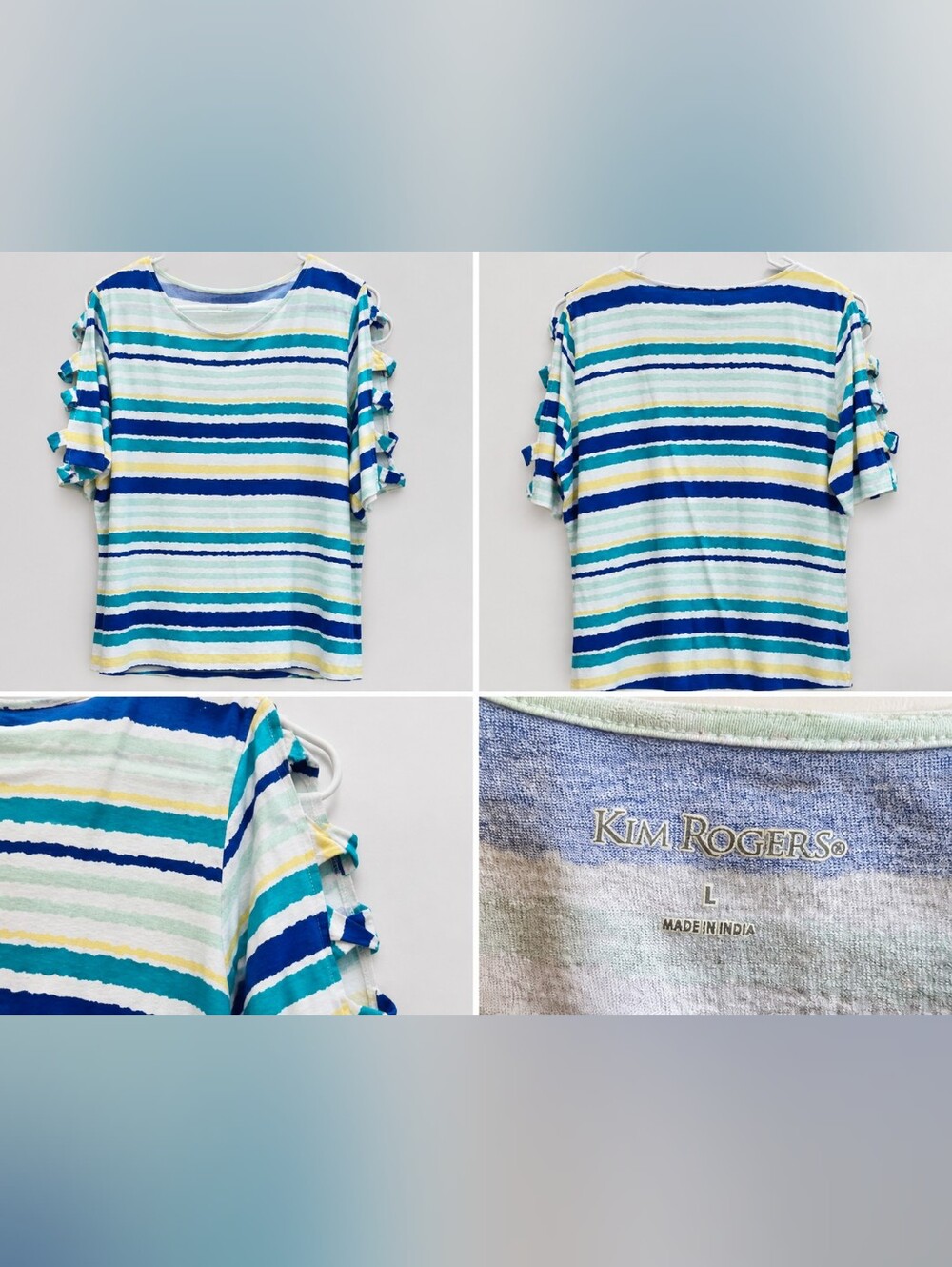 Kim Rogers Women's Striped Cold Shoulder Top Size L Blue Green Short Sleeve